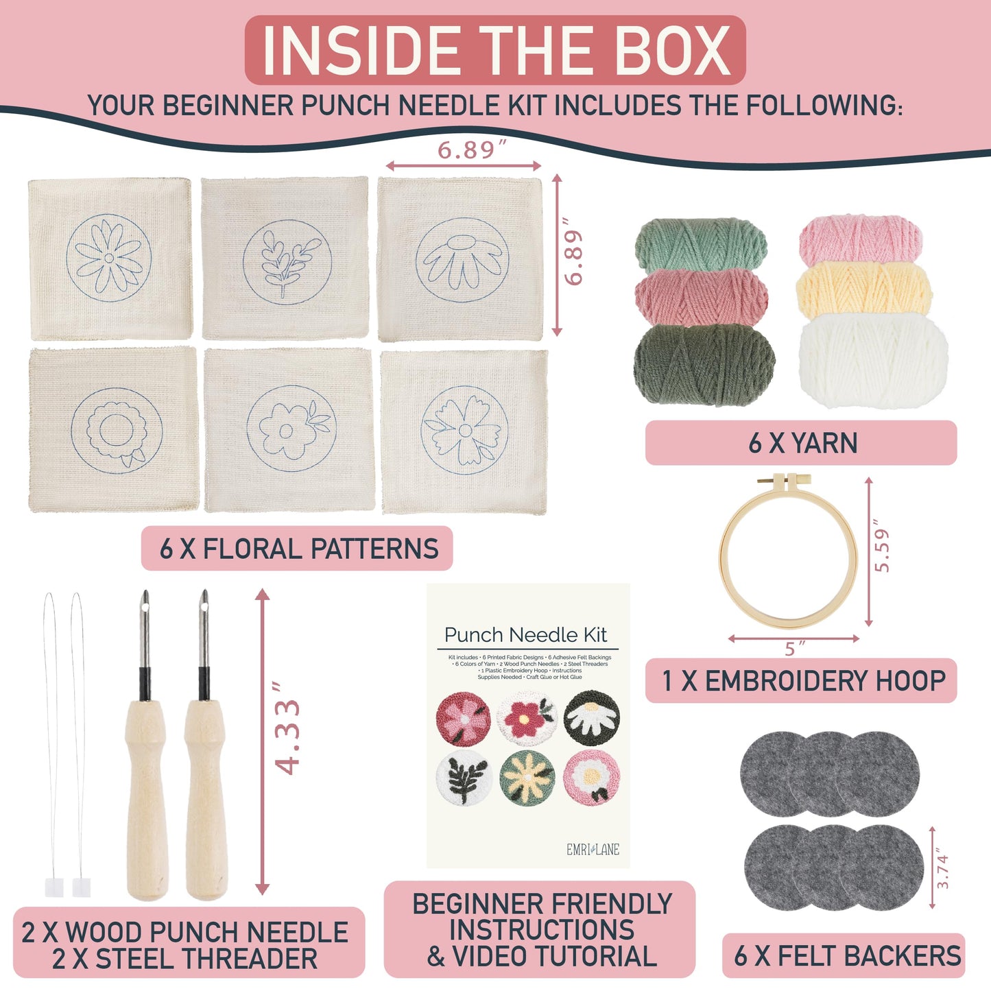 Emri Lane Punch Needle Kit – 6 Floral Design Punch Needle Embroidery Kit w/Monk Cloth, Embroidery Hoop, Yarn & More - Essential Punch Needle Supplies for Crafters - Ideal Punch Art for Beginners