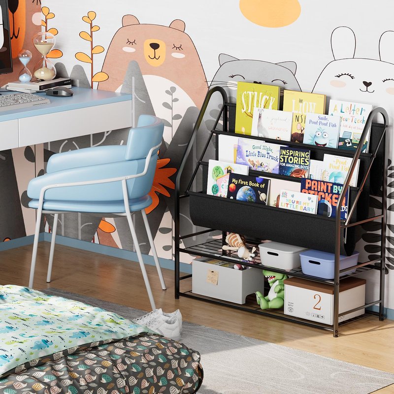 aboxoo Kids Bookshelf Freestanding Bookcase for Living Room, 32 in Book Shelves with 4 Deep Pockets Book Organizer Large Stable Book Unit Storage for Bookstore Library Living Room,Black