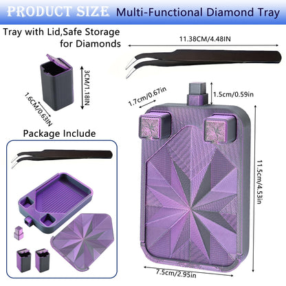 Diamond Painting Tray with Lid and Tweezer, Rhinestone Storage Tray with Lid & 2 Storage Bucket Design, Easy Pour Bead Tray, Diamond Art Kits for Adults, Diamond Art Accessories Tools (Black Purple)