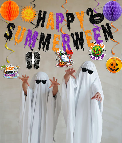 Glittery Happy Summerween Banner Summerween Hanging Swirls Decorations Circle Dots Garland Honeycomb Ball Paper Fan Set for Summer Halloween Birthday Party Halloween in Summer Ghost Party Decorations