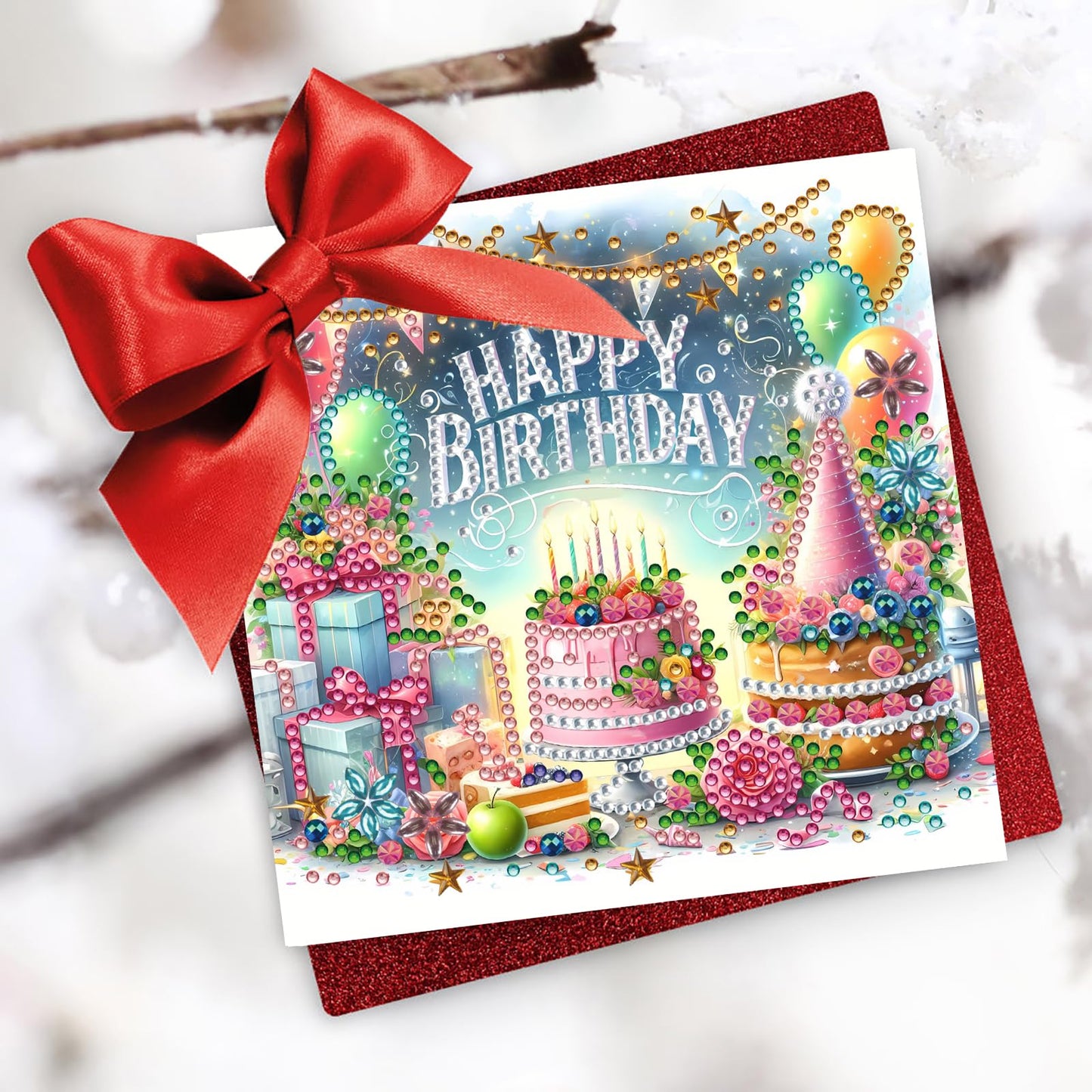 DIY Diamond Greeting Cards Set, 5D DIY Diamond Art Painting Festival Style Greeting Card, DIY Christmas Card Making Kits for Family Friends Handmade Gift-#28-Birthday