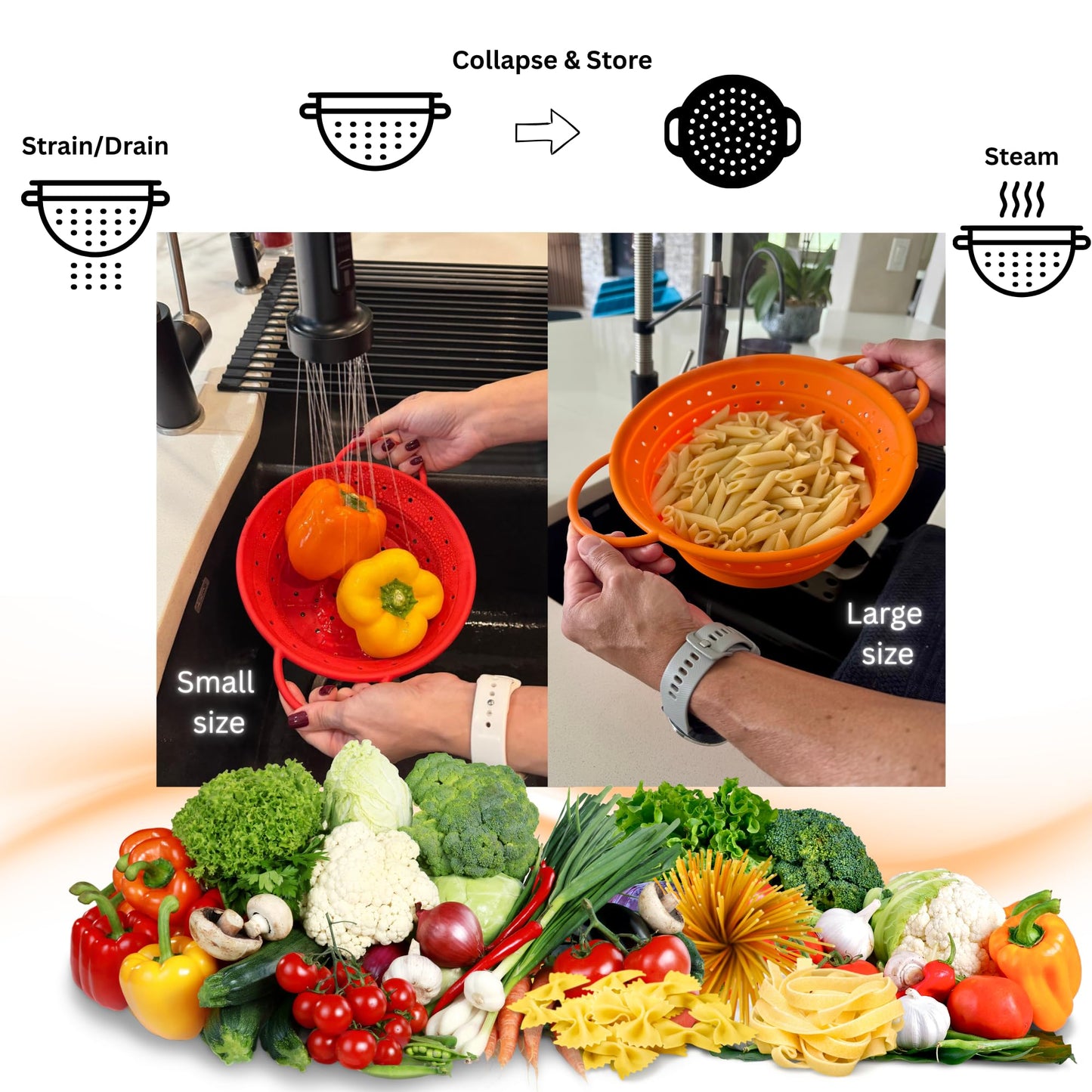 Silicone Colander, Collapsible Colander, Kitchen Food Strainer, Colander with Handles, Foldable Colander, Space-Saving Design, 2-pack