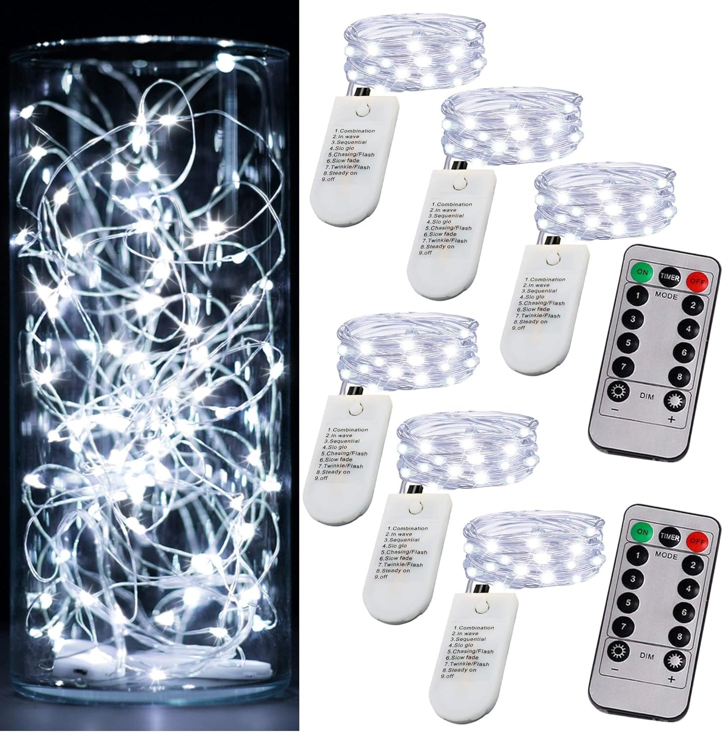 6 Pack Mini Fairy Lights, Battery Operated String Lights with Timer, 20LED Cool White Waterproof Twinkle Lights