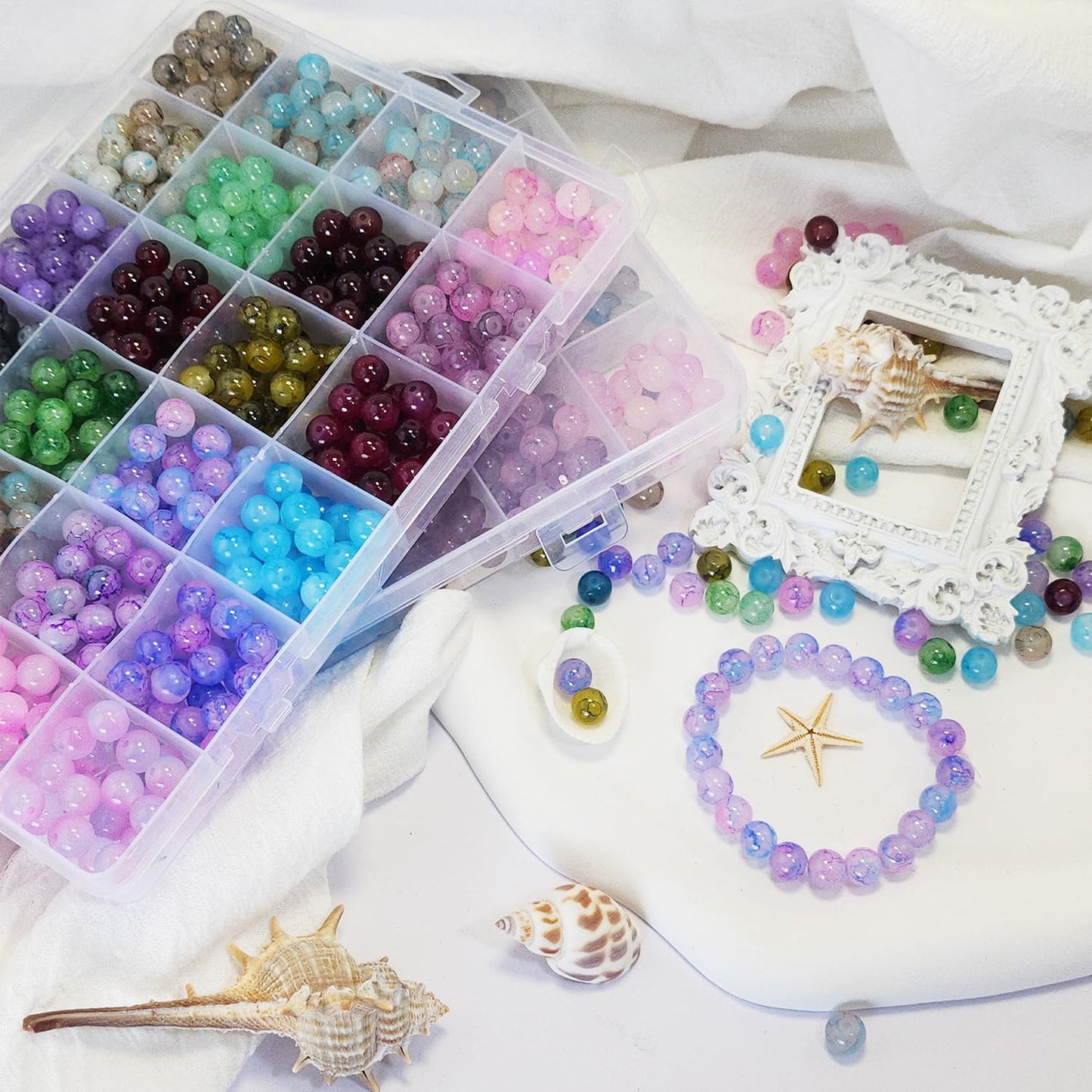 1200PCS 8mm Glass Beads Bracelet Making Kit, 24 Colors Crystal Beads for Jewelry Making, 2 Box Cataclastic Lineation Beads Suitable for Beginners