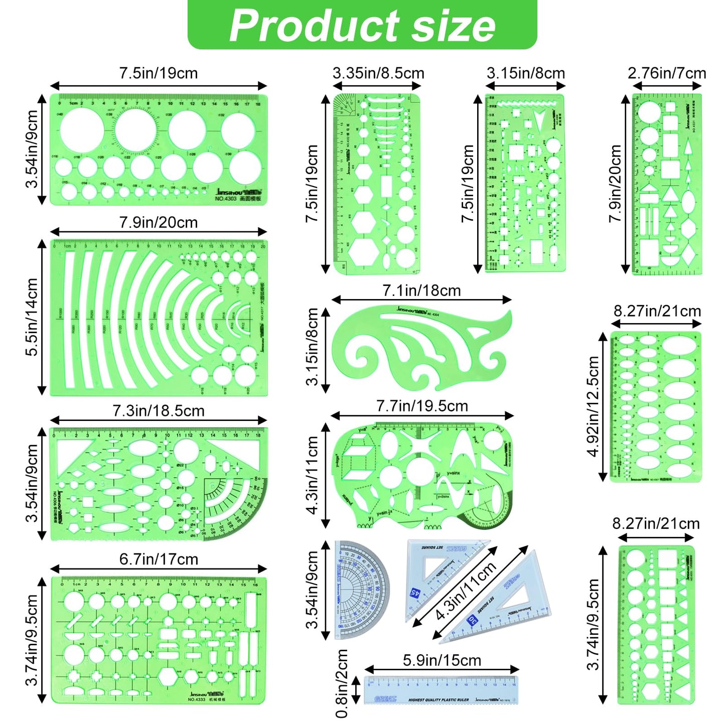 15PCS Geometric Drawings Templates, Measuring Geometry Rulers, Drafting Stencils Measuring Tools