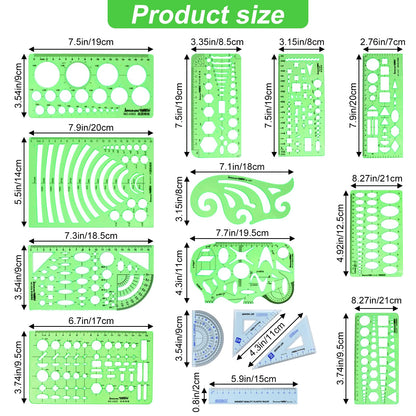 15PCS Geometric Drawings Templates, Measuring Geometry Rulers, Drafting Stencils Measuring Tools