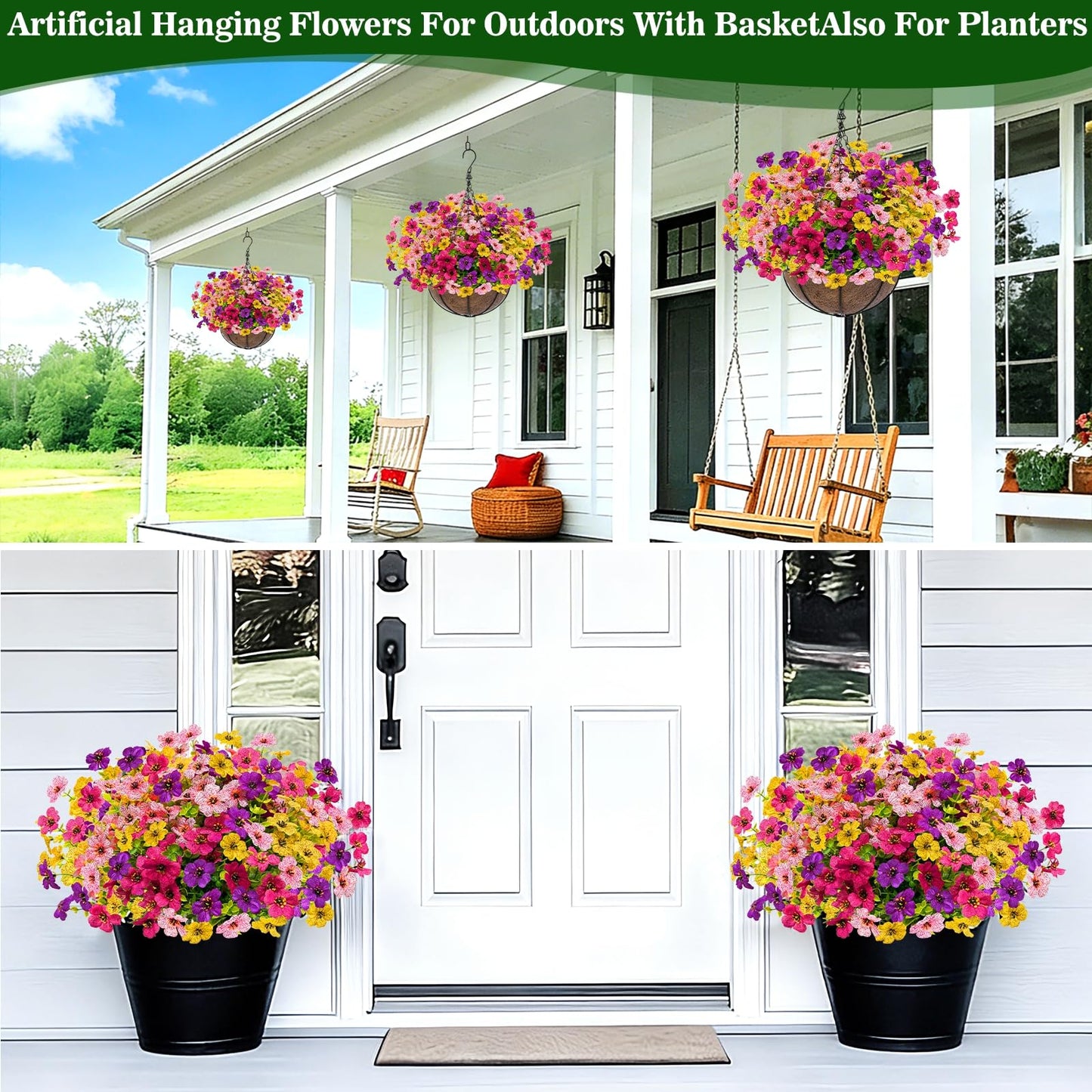 Grandeal 2 Sets Artificial Hanging Plants Flowers Basket Outdoor, Fake Hanging Plants 24 Pcs Flowers for Porch Patio Garden Home Decor for Spring Summer (Red, Purple, Yellow, Rose Red)