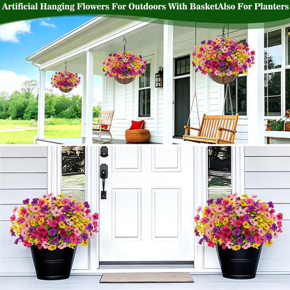Grandeal 2 Sets Artificial Hanging Plants Flowers Basket Outdoor, Fake Hanging Plants 24 Pcs Flowers for Porch Patio Garden Home Decor for Spring Summer (Red, Purple, Yellow, Rose Red)