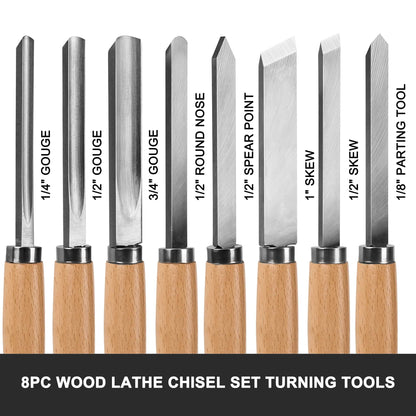 HAUTMEC Professional Wood Turning Chisel 8 pcs Set, Lathe Chisel Set with 2 Skew 1 Spear Point 1 Parting 1 Round Nose & 3 Gouge Tools for Beginners, Hobbyists and Professionals HT0237-WW