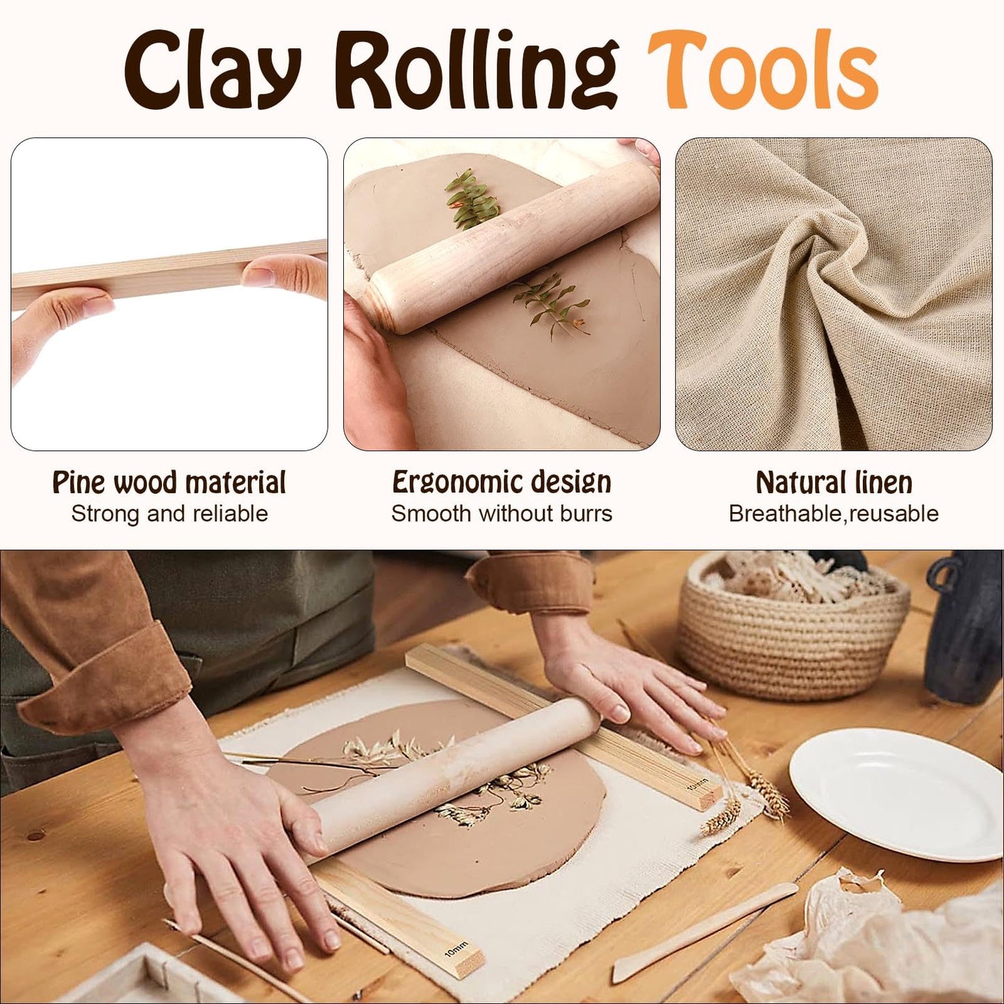 Akamino 20 Pcs Pottery Tools Include 1 Wood Rolling Pin,1 Portable Pottery Linen Tablecloth, 10 Pcs 5 Size Teaching Rolling Mud Stick Guide, 8 Clay Sculpting Tools for Manual Self Ceramic Clay Making