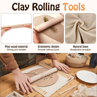 Akamino 20 Pcs Pottery Tools Include 1 Wood Rolling Pin,1 Portable Pottery Linen Tablecloth, 10 Pcs 5 Size Teaching Rolling Mud Stick Guide, 8 Clay Sculpting Tools for Manual Self Ceramic Clay Making