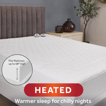 Sunbeam Electric Heated Mattress Pad Queen 80" x 60" 12 Heat Settings 12-Hour Auto Shut-Off Fast Heating Soft Cozy Fabric Deep Pocket Skirt Machine Washable