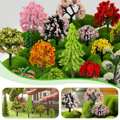 QUOZUO 42Pcs Model Miniature Trees with Moss Stones, Model Train Scenery, Mixed Model Colourful Trees for Building Model, Natural Green Landscape, Railroad Scenery