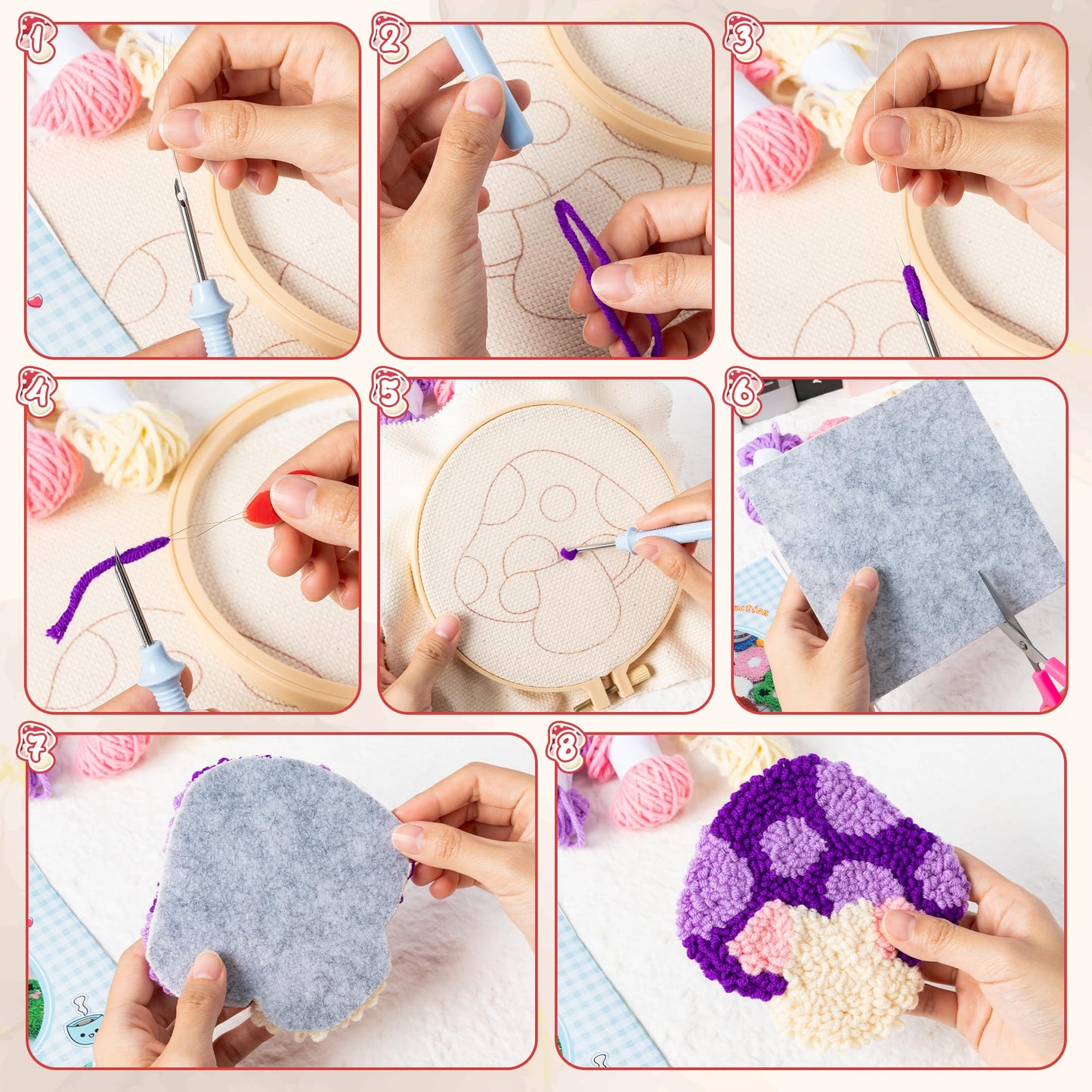 WATINC Punch Needle Coaster Kit - 22PCS Easy Art Work Decor Coasters Kits for Beginners DIY Mushroom Pattern Tufted Rug Pads with Adhesive Felt Yarns Embroidery Hoop Instruction 6 Set