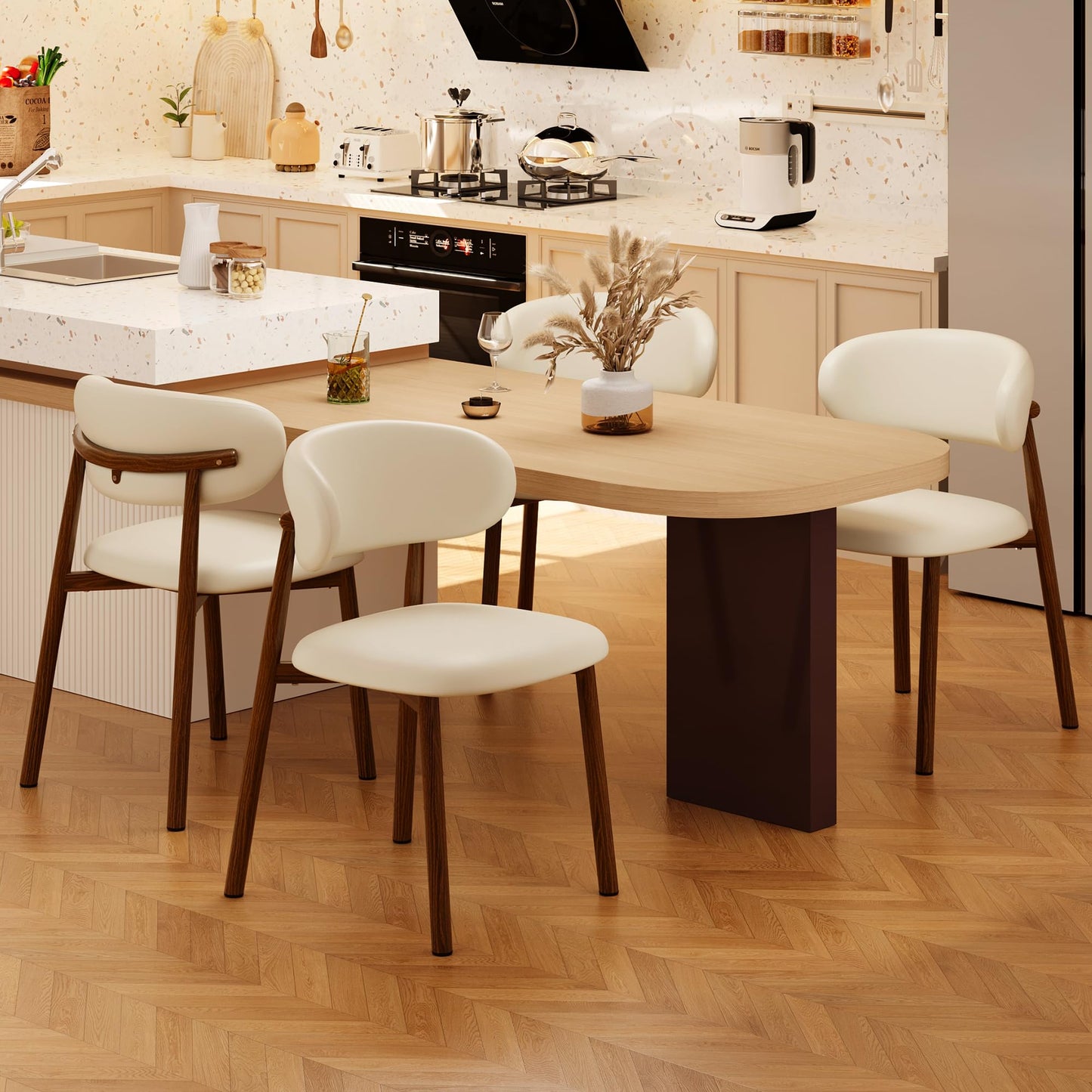 JCAJCA Kitchen Dining Chairs Set of 4 Modern Upholstered Leather Farmhouse Dining Room Chair with Metal Legs, Walnut/Beige