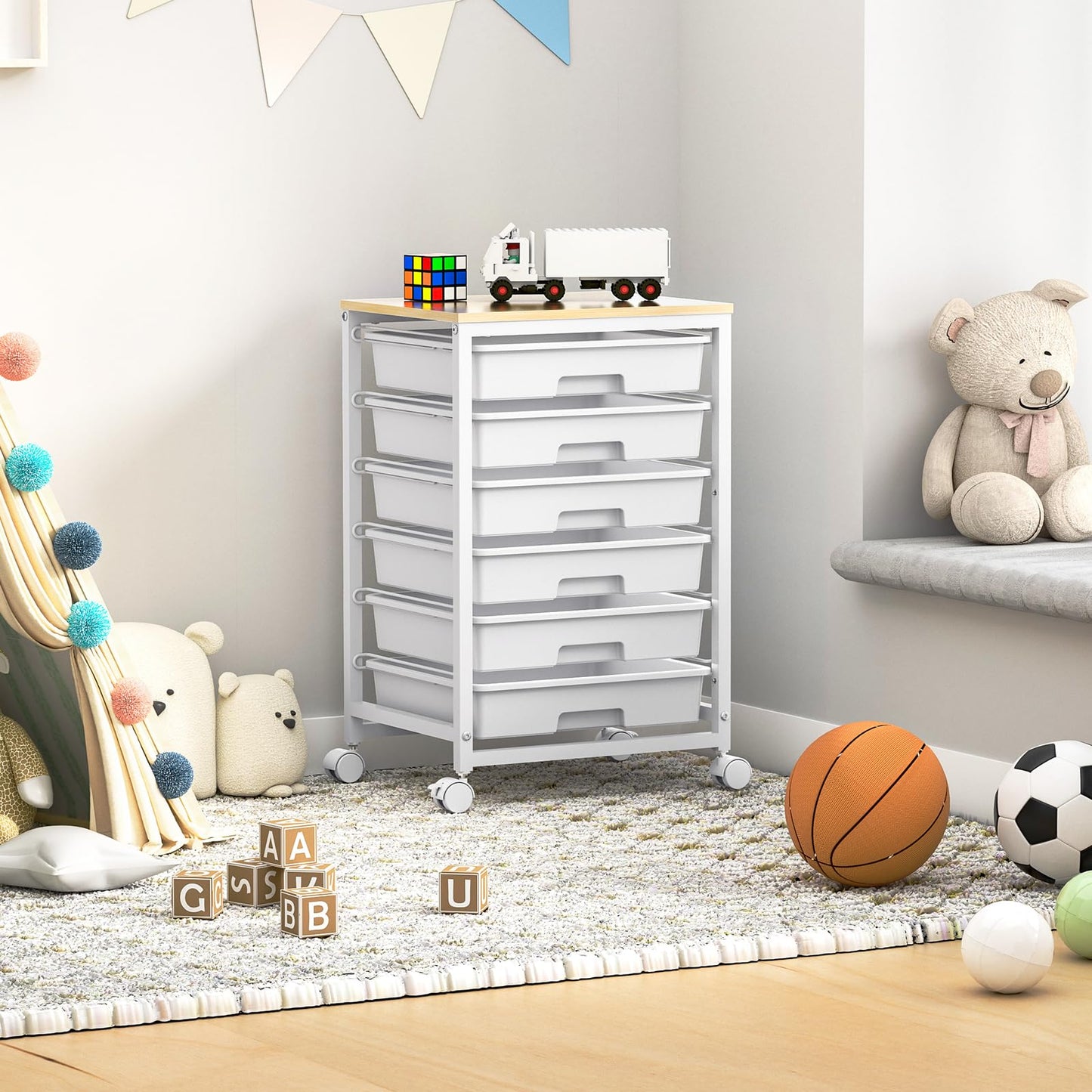 SYKIARIOL Rolling Cart with Drawers,Utility Cart with 6 Drawers,Rolling Storage Cart with Drawers and Wooden Tabletop & Lockable Wheel,White