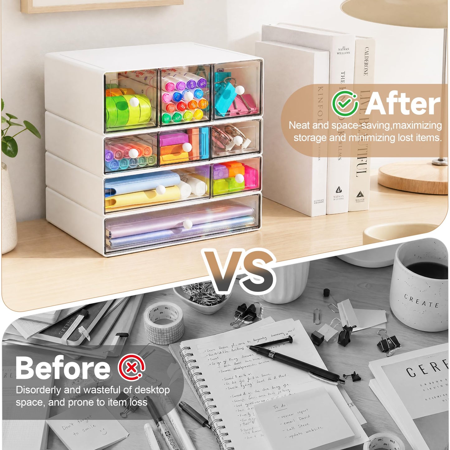 AZ. MIFENO Desk Organizer with 9 Drawers, 4 Tiers Stackable Storage Drawers, Desktop Storage Box with Clear Drawers for Stationery, Makeup, Jewelry, Office and Craft Supplies (White)