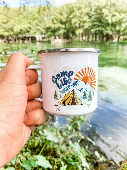 Camp Life Enamel Campfire Mug, 12oz Outdoor Coffee Cup, Mountain Nature Hiking Lover Gift