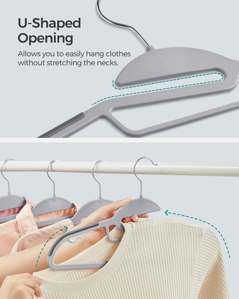 SONGMICS 50 Pack Coat Hangers, Heavy-Duty Plastic Suit Hangers, S-Shaped Opening, Space-Saving, 360º Swivel Hook, 16.3 Inches Wide, Light Gray and Dark Gray UCRP41G-50