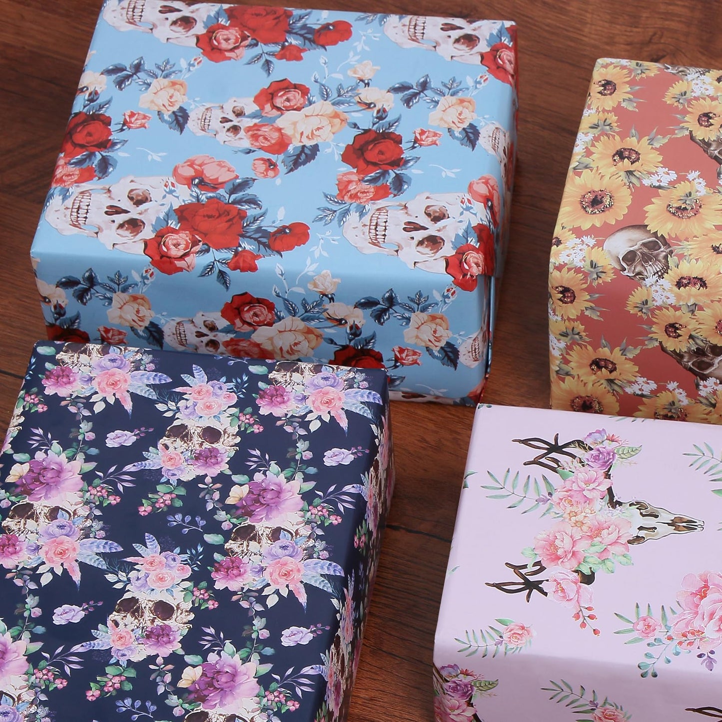 Aimyoo Gothic Skull Floral Wrapping Paper Bundle Roll, Skeleton Flowers Halloween Wrap Paper 17 in x 16 ft per Roll