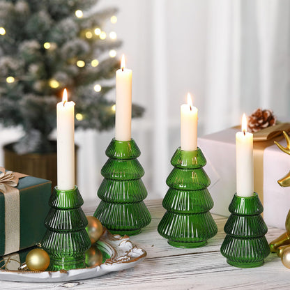 Leinuosen 4 Pcs Christmas Tree Candle Holder Green Glass Candlestick Holder for Taper Candle Stand Modern Green Candlestick for Christmas Holiday Table Centerpiece Mantel Home Room Party Decor Gift