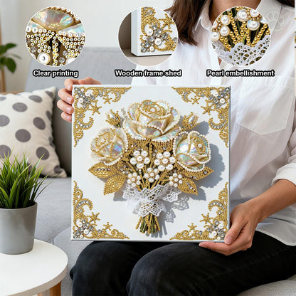 yzARTche Diamond Art Pearl Painting Kit, DIY Pearl Art Painting with White Frame, Handmade Gem Dot Picture Craft for Home Wall Decor Present Set-05-Rose