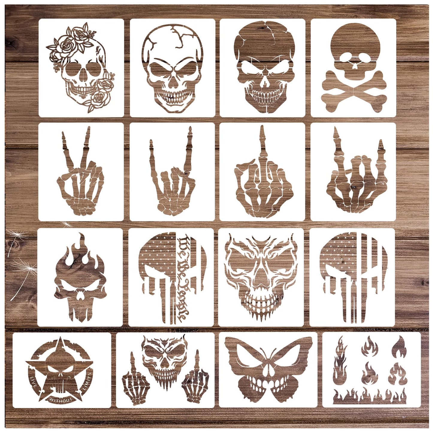 Yanroom Skull Stencils for Painting On Wood Flame Skeleton Hand Finger Fire Templates for Airbrushing Art Crafts Plastic Reusable Wood Burning Stencils for Wall Canvas (Skull)