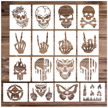 Yanroom Skull Stencils for Painting On Wood Flame Skeleton Hand Finger Fire Templates for Airbrushing Art Crafts Plastic Reusable Wood Burning Stencils for Wall Canvas (Skull)