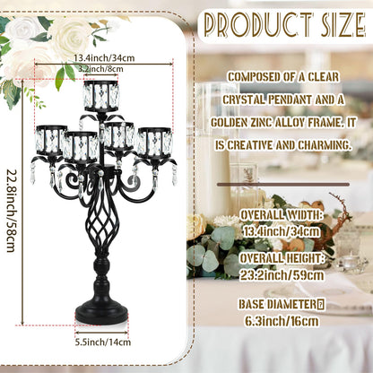 23.2 inch Tall Elegant and Chic 5 Arm Pendant Crystal Candlestick Holder Table Decoration tealight Candle Holder, Candelabra for Gorgeous Wedding/Parties Table Centerpiece (1, Black)
