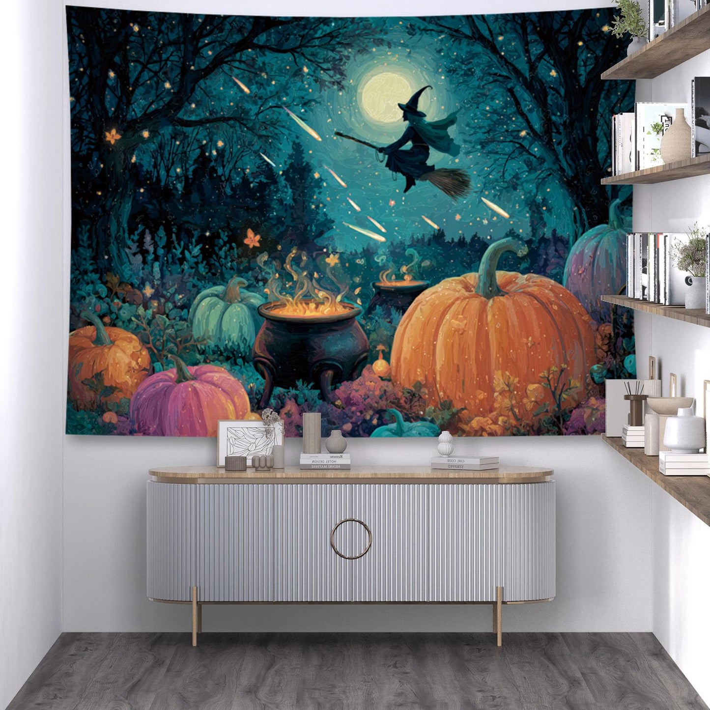 Liuzhouzai Halloween Pumpkin Tapestry Wall Hanging Broomstick-Riding Witch Personalized Background Living Room and Bedroom Wall Decoration 80 x 60 Inches