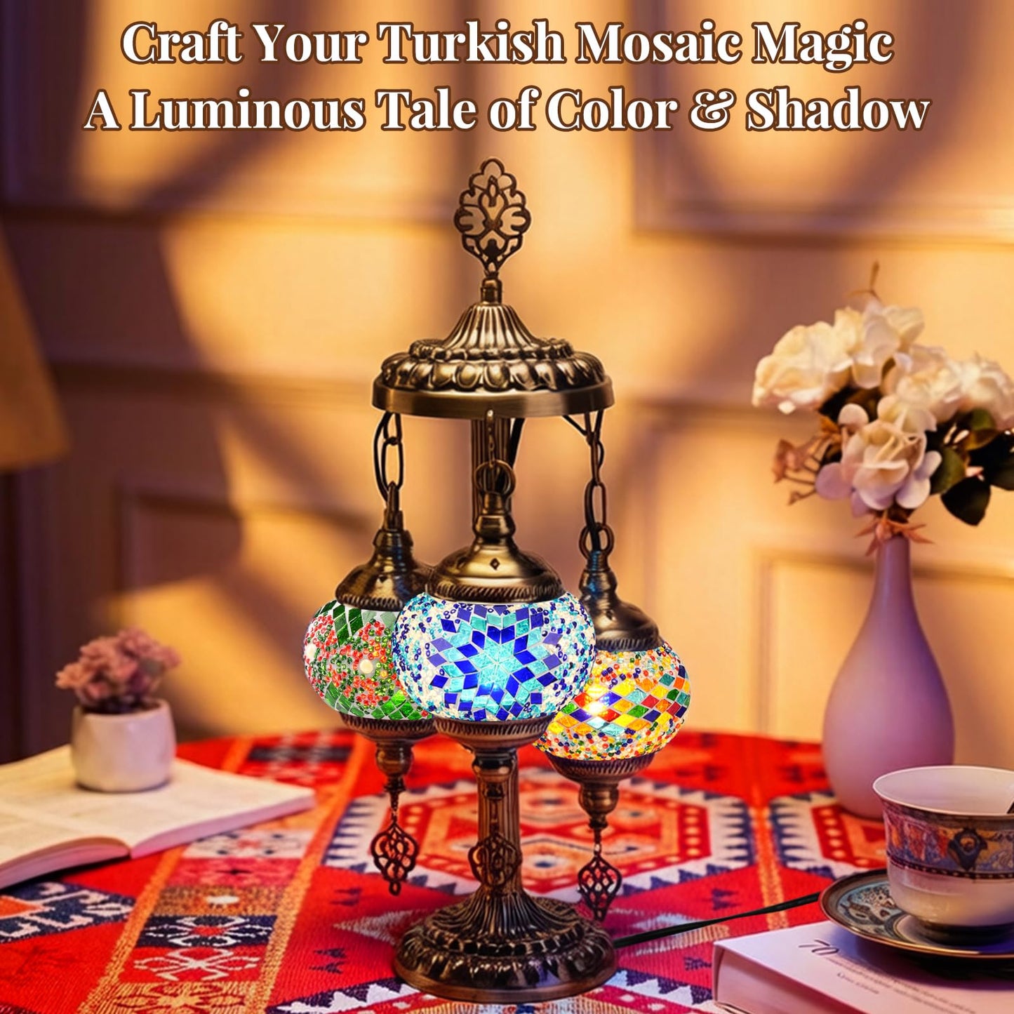 BOHMR DIY 3 Globe Turkish Mosaic Lamp Kit, 23"H Stained Glass Table Lamp Making Kit-Easy & Fun, No Experience Needed, Mosaic Art & Craft Project Kits for Adults & Teens, Make Your Own Lamp,Multicolor