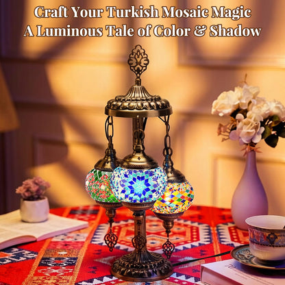 BOHMR DIY 3 Globe Turkish Mosaic Lamp Kit, 23"H Stained Glass Table Lamp Making Kit-Easy & Fun, No Experience Needed, Mosaic Art & Craft Project Kits for Adults & Teens, Make Your Own Lamp,Multicolor