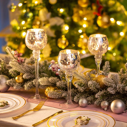 Inweder Glass Tealight Candle Holder: Silver Mercury Votive Holders 9/10/12 Inch Tall Long Setm Floating Candle Holders for Christmas Dining Table Centerpiece Wedding Party Set of 3