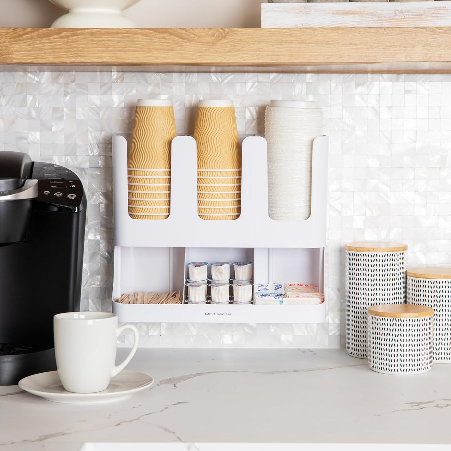 Mind Reader Cup and Condiment Station, 6-Compartment Countertop Organizer for Coffee Bar (White)