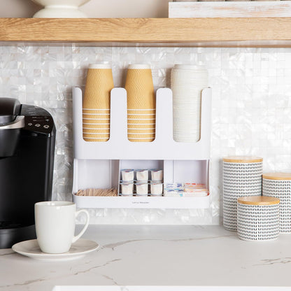 Mind Reader Cup and Condiment Station, 6-Compartment Countertop Organizer for Coffee Bar (White)