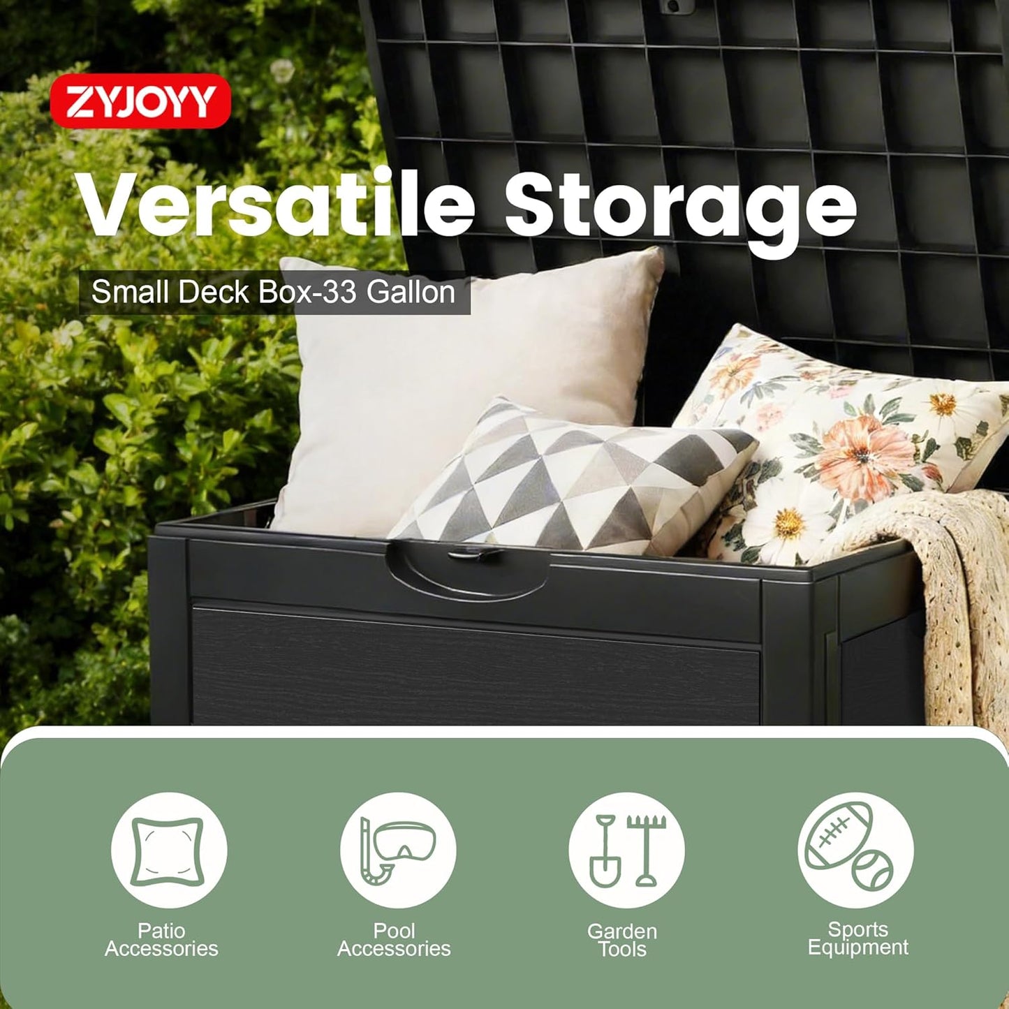 33 ZYJOYY Gallon Resin Deck Box Waterproof Outdoor Storage Box and Patio Furniture Side Table for Pool Accessories