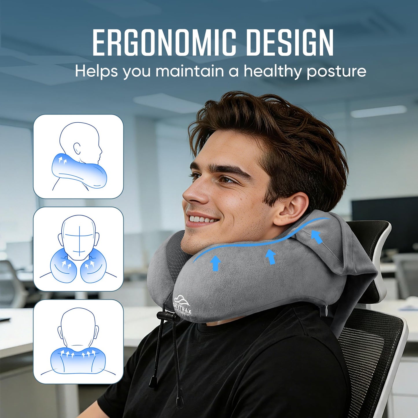 SkytraxComf® Travel Neck Pillow with Hood for Privacy on Long Flights