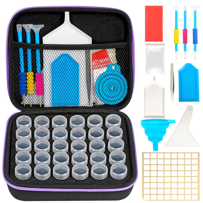 MoeeBtee Diamond Painting Storage Containers, 30 Slots Diamond Painting Accessories with Tools for Diamond Art Organizer Craft Jewelry Beads Storage Case - Purple