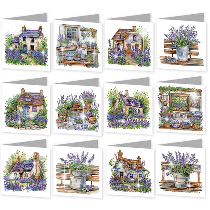 C'eitura 12Pcs Lavender Diamond Art Painting Greeting Card Kit with Envelopes, DIY Floral Christmas Birthday Thanksgiving Card Making Set, Calming Handmade Card Craft