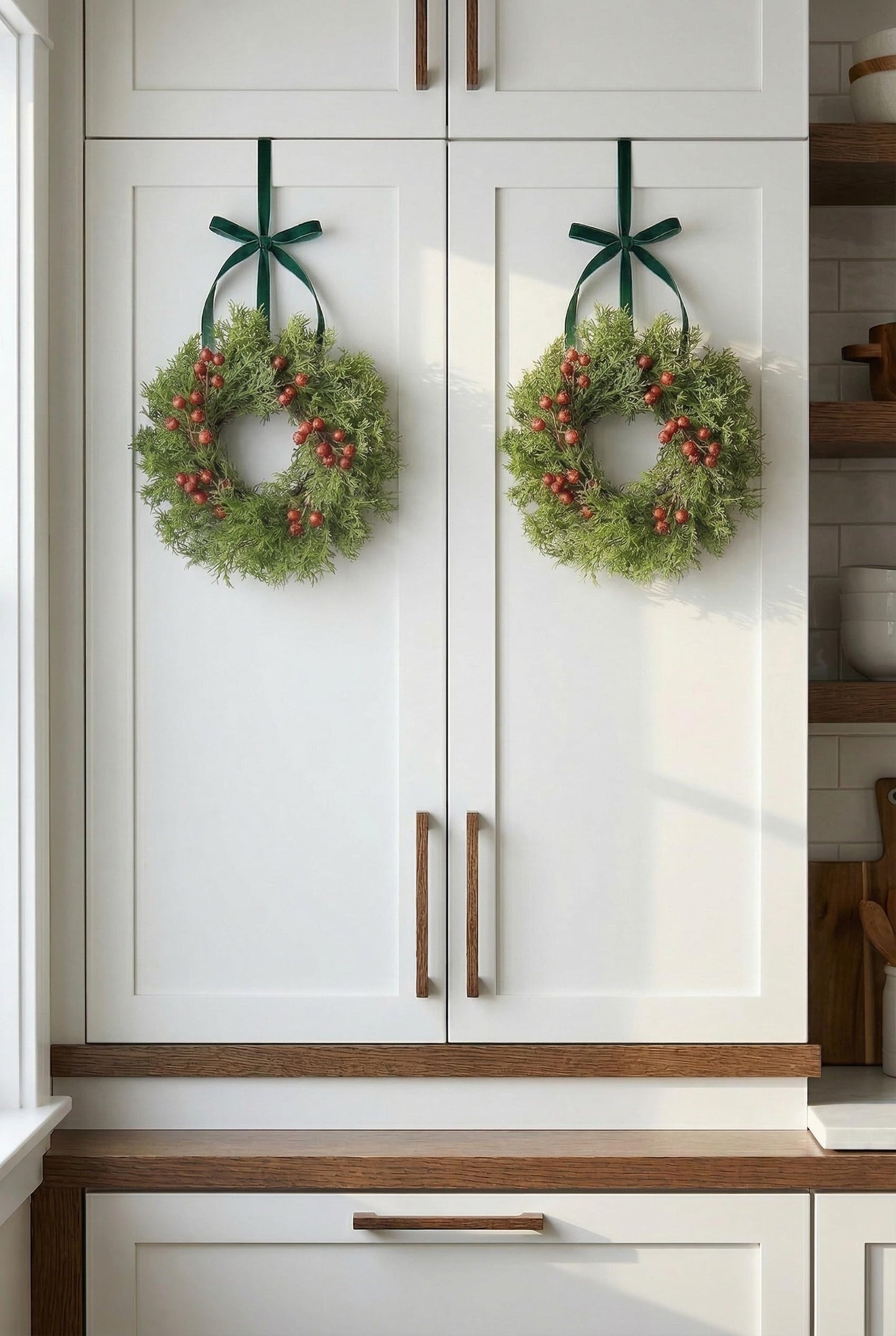 Fuxdre 2 Pcs Christmas Candle Rings Wreaths, 10 Inch Candle Wreath with Artificial Red Berries and Cedar, Christmas Candle Holder Indoor Decor for Home Kitchen Cabinets Centerpieces for Tables