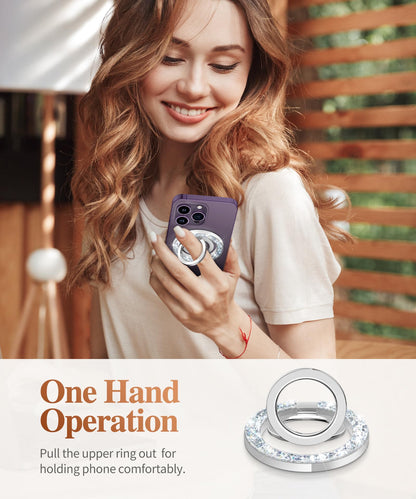 GVIEWIN Magnetic Phone Ring Holder, Compatible with MagSafe Phone Grip with Adjustable Stand, Magnet Phone Ring Kickstand for iPhone 17/16/15/14/13/12 Pro Max Plus Air/Other Phones (Glitter/Silver)