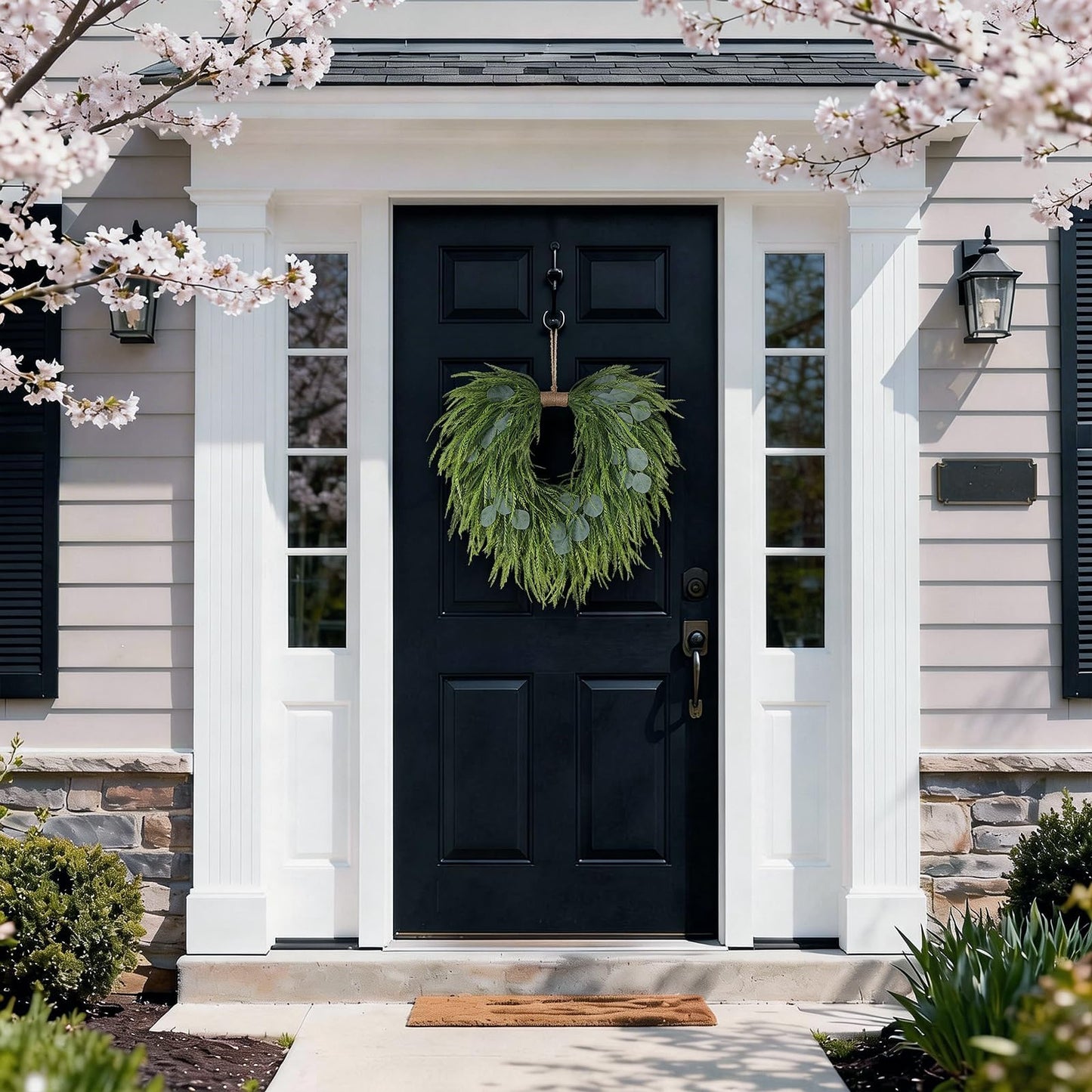 Artificial Saw Grass & Eucalyptus Wreath for Front Door, 22" Faux Saw Grass Fake Eucalyptu Greenery Hanging Heart Shaped Wreath for Wall, Farmhouse, Window,Home Decor | Spring Summer