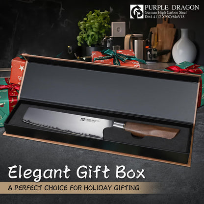 Purple Dragon Santoku Knife 7 Inch Japanese Chef Knife for Chopping Meat Cutting Vegetables, German Vg10 Steel Blade, Ergonomic Wooden Handle Christmas Gift for Men and Women