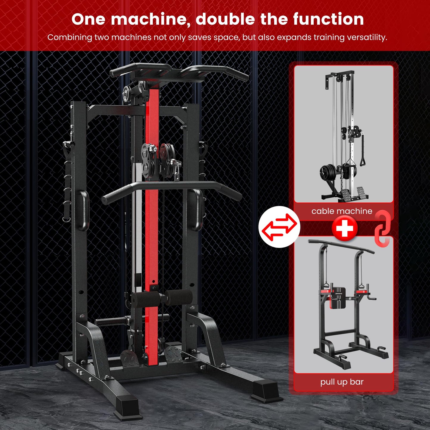 Pull Up Bar Power Tower Dip Station,Cable Machine-Integrated 450LBS Multi-Function Adjustable Height Fitness Strength Training Equipment for Home Gym Strength Training Equipment