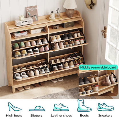 LINSY Shoe Storage Cabinet, Rattan Shoe Cabinet Wood Shoes Rack Cabinets with Sliding Tambour Door, Large Flip Drawer Shoe Cabinet Boho Hidden Shoe Storage for Entryway, Front Door, Hallway, Oak
