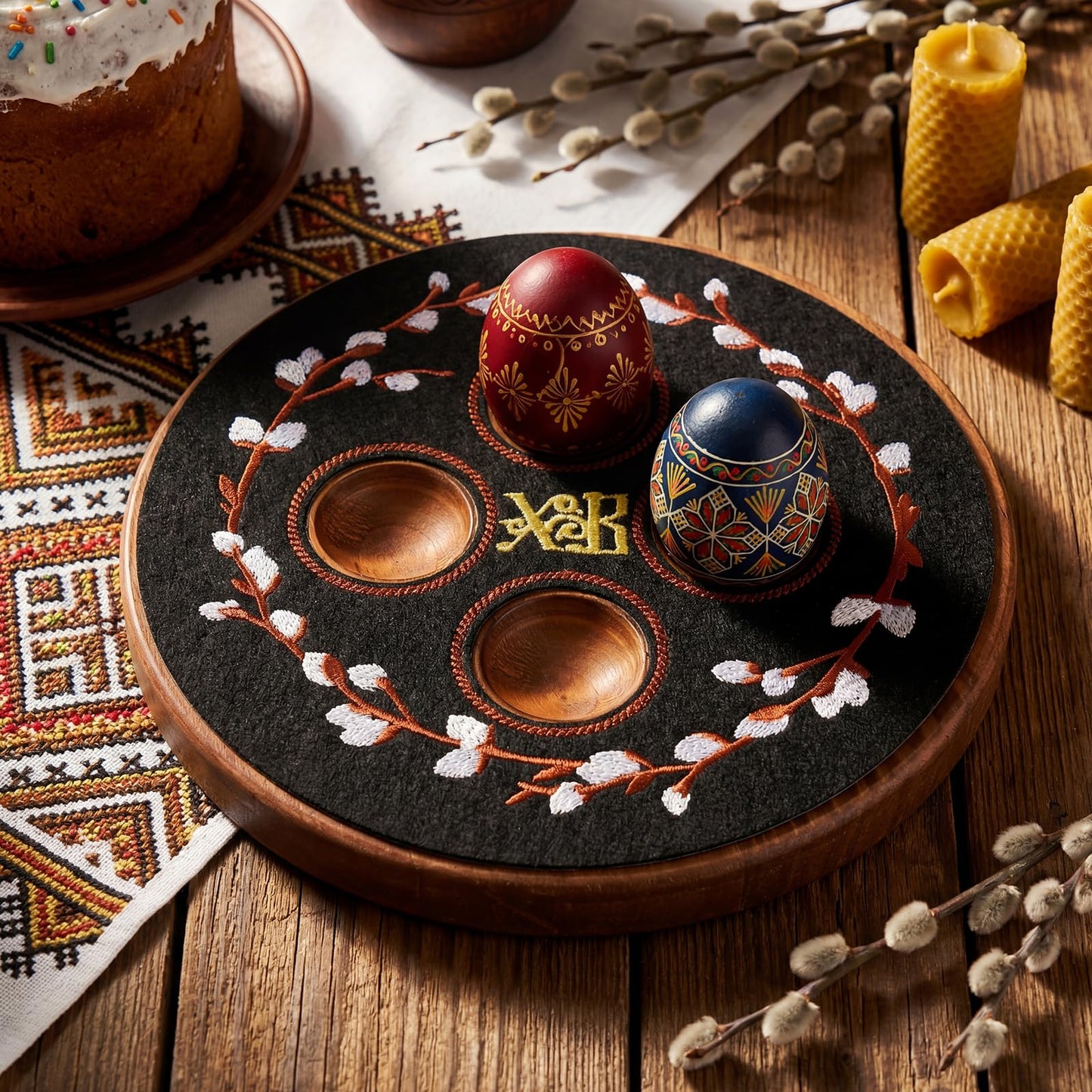 Vicenpal Greek Orthodox Easter Egg Holder Wooden Decorative Easter Egg Display Stand with Xb Embroidery Floral Pascha Patch Serving Tray Greek Pedestal Ukrainian Religious Gift for Orthodox Home Decor