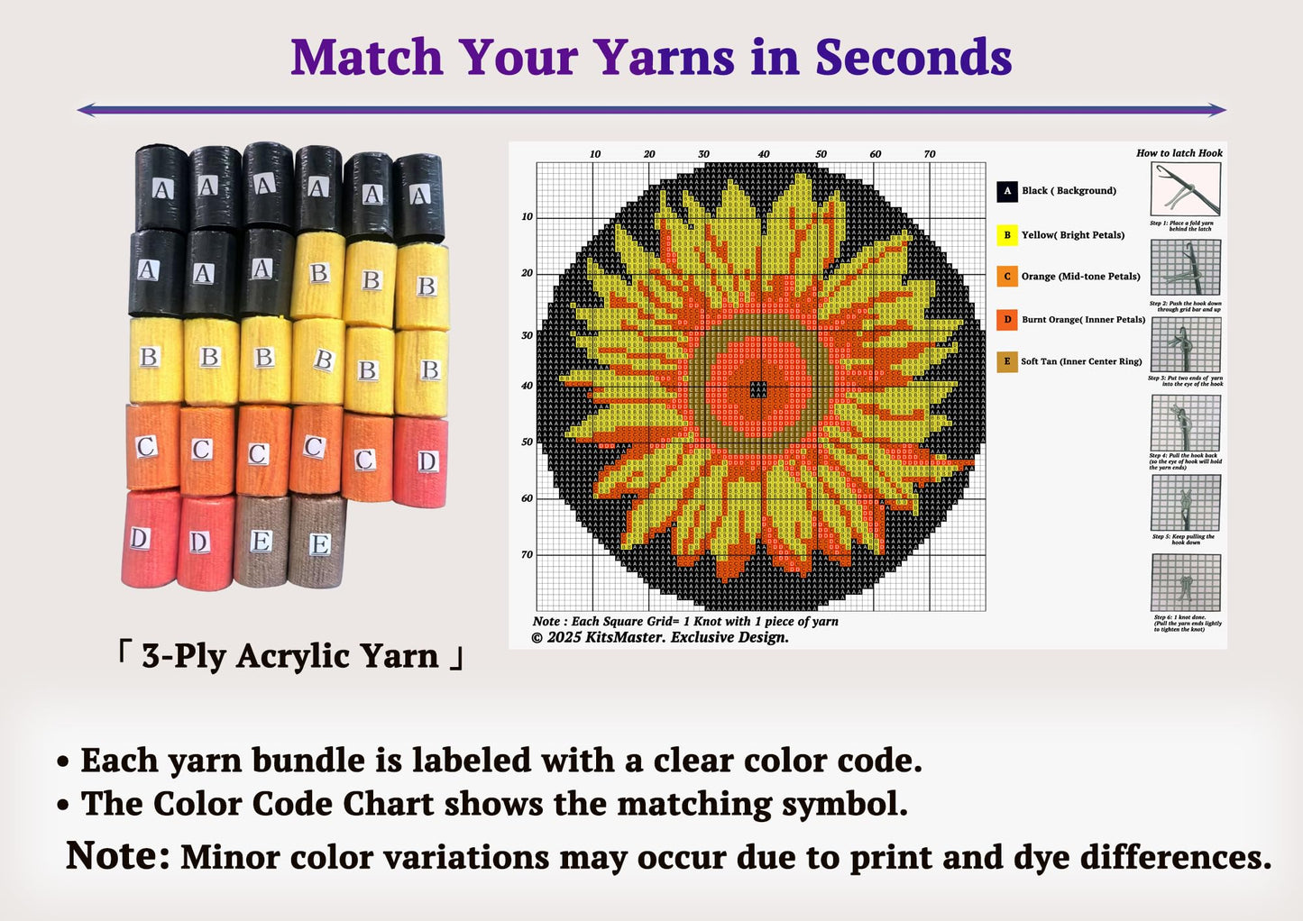 KitsMaster Golden Sunflower Latch Hook Kits for Beginner, Beginner-Friendly Round Floral Rug with Pre-Printed Canvas, 20''x20'' (Sunburst Flower)