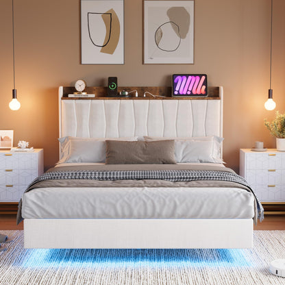 Garvee King Size Floating Bed Frame with LED Lights and Storage Headboard, King Upholstered Metal Platform Bed with Charging Station, Linen Fabric, No Box Spring Needed, Easy Assembly, White