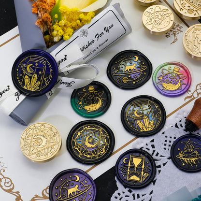 SWANGSA Magic Space Wax Seal Stamp Gift Box Set, Vintage 6 Sealing Stamp Heads + 1 Wooden Hilt, Wax Stamp Kit for Party Invitations, Envelops, Cards and Gift Packaging (Magic Space)