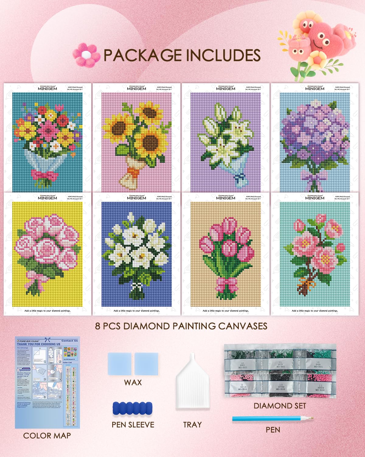 forever young Minigem Diamond Art Flowers Kits for Beginners, 8 Pcs Flower Resin Square Drill Diamond Painting Kits for Adults, 2-Hour Canvas Flower Small Diamond Art Kits for Adults (5x7 Inch)